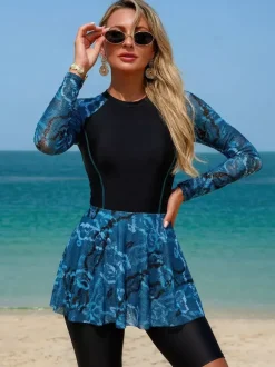 One Piece Swimsuits For Women Dark Navy Printed Jewel Neck Summer Sexy Bathing Suits