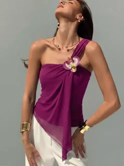 One Shoulder 3D Floral Ruched Asymmetrical Hem Sleeveless Top