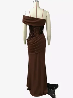 One Shoulder Ruched Waist Sequin Maxi Party Dress For Women 2026