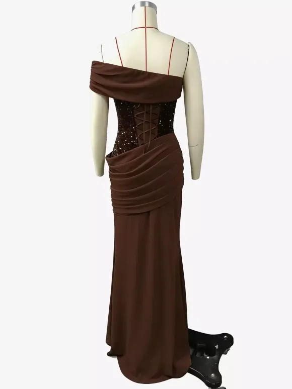 One Shoulder Ruched Waist Sequin Maxi Party Dress For Women 2026