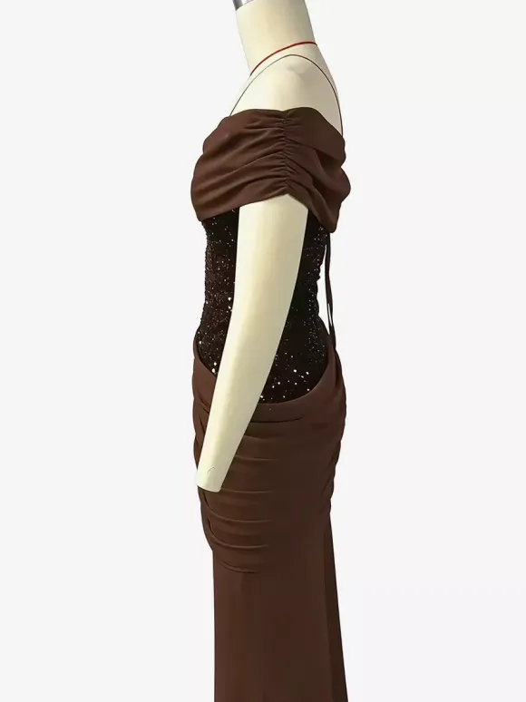 One Shoulder Ruched Waist Sequin Maxi Party Dress For Women 2026