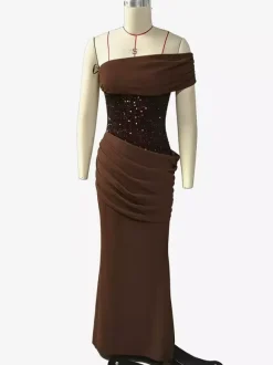 One Shoulder Ruched Waist Sequin Maxi Party Dress For Women 2026