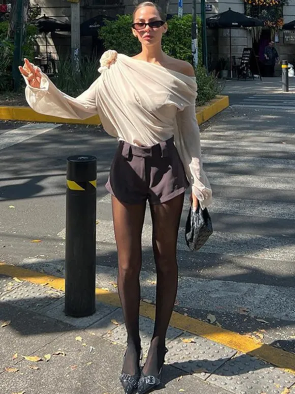 One Shoulder Tees Pleated Asymmetrical Shirt For Women