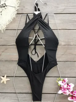 One Piece Swimsuits For Women Black Cut Out Halter Cross Front Summer Beach Bathing Suits