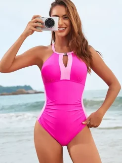 One Piece Swimsuits For Women Pink Halter Summer Sexy Bathing Suits