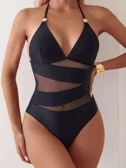 One Piece Swimsuits For Women Black Cut Out Halter Asymmetrical Summer Beach Swimming Suits
