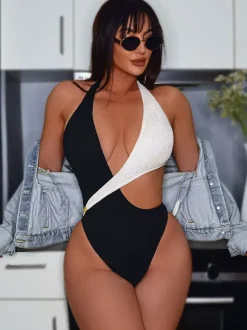 One Piece Swimsuits For Women Black Two-Tone Cut Out Halter Summer Sexy Swimwear