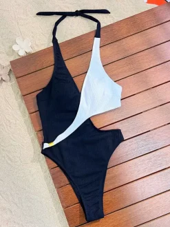 One Piece Swimsuits For Women Black Two-Tone Cut Out Halter Summer Sexy Swimwear