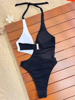 One Piece Swimsuits For Women Black Two-Tone Cut Out Halter Summer Sexy Swimwear
