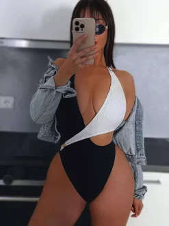 One Piece Swimsuits For Women Black Two-Tone Cut Out Halter Summer Sexy Swimwear