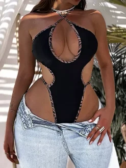 One Piece Swimsuits For Women Black Cut Out Halter Cross Front Summer Beach Bathing Suits