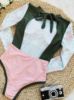 One Piece Swimsuits For Women Green Floral Print Lace Up Jewel Neck Backless Summer Sexy Swimwear