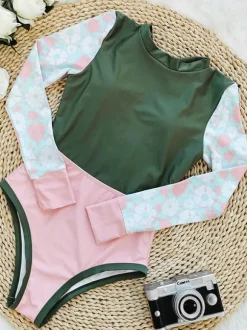 One Piece Swimsuits For Women Green Floral Print Lace Up Jewel Neck Backless Summer Sexy Swimwear