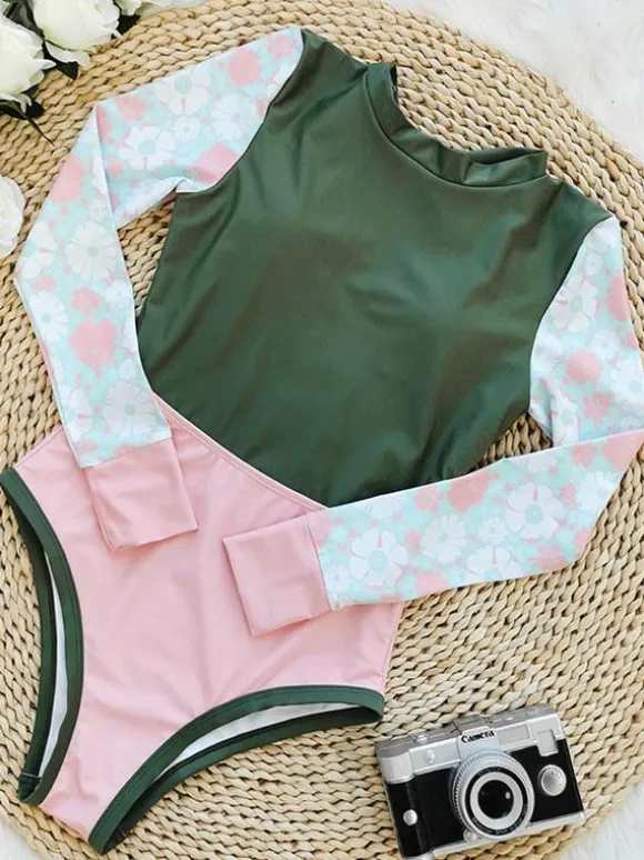 One Piece Swimsuits For Women Green Floral Print Lace Up Jewel Neck Backless Summer Sexy Swimwear