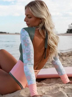 One Piece Swimsuits For Women Green Floral Print Lace Up Jewel Neck Backless Summer Sexy Swimwear