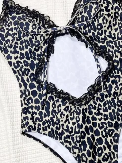 One Piece Swimsuits For Women Leopard Animal Print Cut Out Straps Neck Summer Sexy Bathing Suits