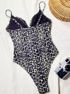 One Piece Swimsuits For Women Leopard Animal Print Cut Out Straps Neck Summer Sexy Bathing Suits