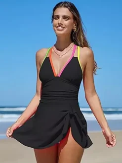 One Piece Swimsuits For Women Black Color Block V-Neck Summer Beach Swimwear