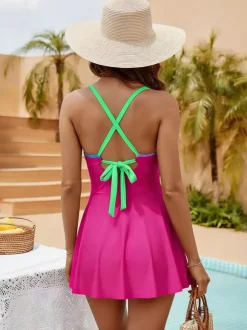 One Piece Swimsuits For Women Black Color Block V-Neck Summer Beach Swimwear