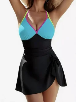 One Piece Swimsuits For Women Black Color Block V-Neck Summer Beach Swimwear