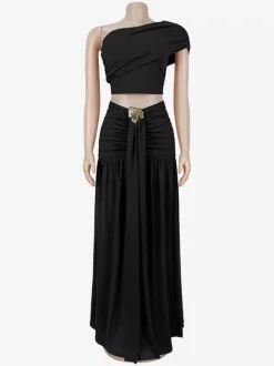 One Shoulder Crop Top Metal Buckle Ruched Maxi Skirt 2 Piece Set