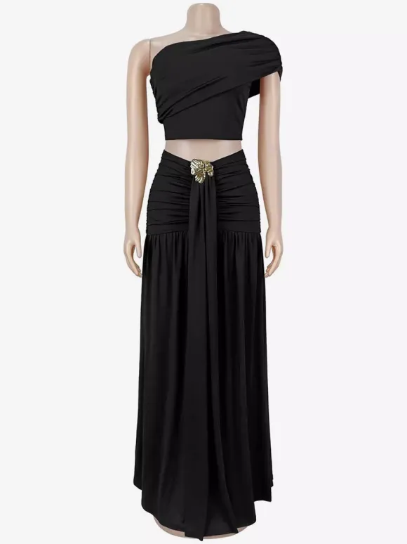 One Shoulder Crop Top Metal Buckle Ruched Maxi Skirt 2 Piece Set