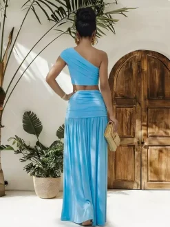 One Shoulder Crop Top Metal Buckle Ruched Maxi Skirt 2 Piece Set