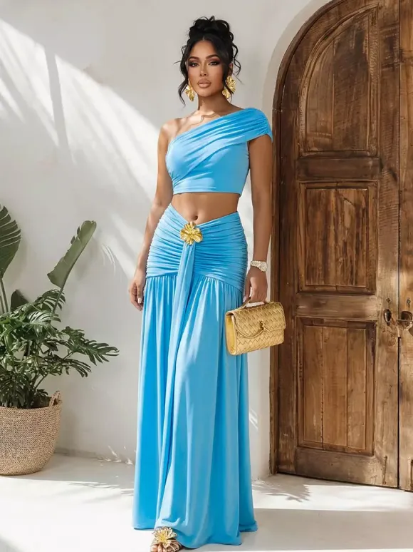 One Shoulder Crop Top Metal Buckle Ruched Maxi Skirt 2 Piece Set