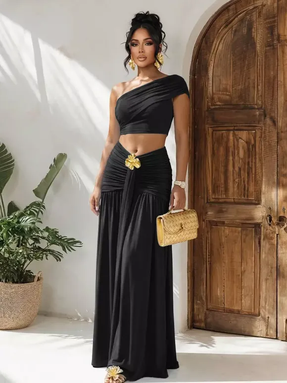 One Shoulder Crop Top Metal Buckle Ruched Maxi Skirt 2 Piece Set