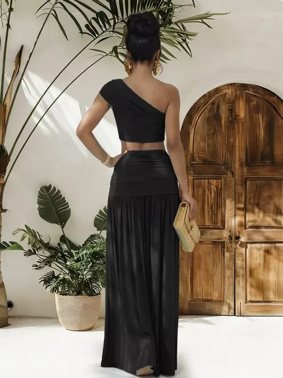 One Shoulder Crop Top Metal Buckle Ruched Maxi Skirt 2 Piece Set