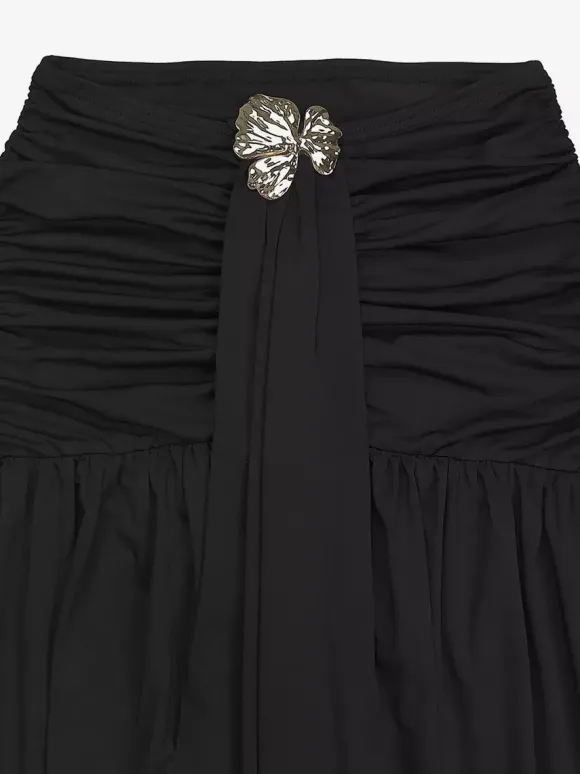 One Shoulder Crop Top Metal Buckle Ruched Maxi Skirt 2 Piece Set