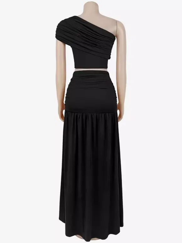 One Shoulder Crop Top Metal Buckle Ruched Maxi Skirt 2 Piece Set