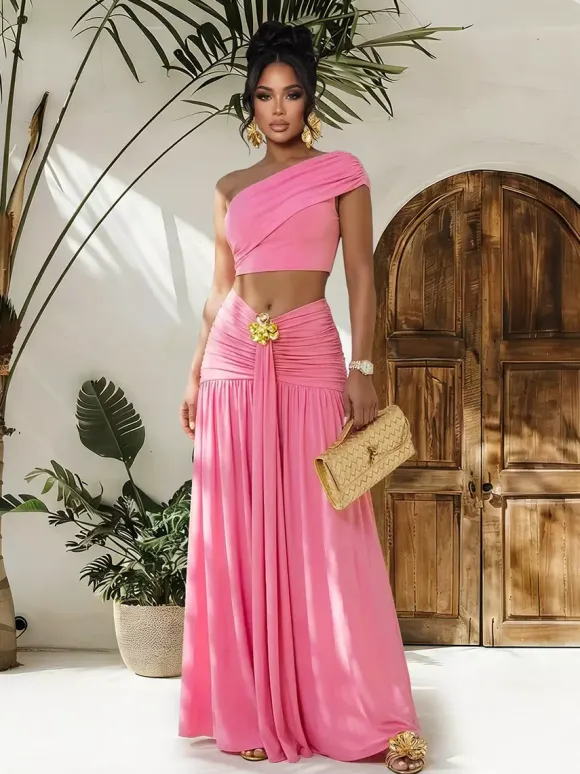 One Shoulder Crop Top Metal Buckle Ruched Maxi Skirt 2 Piece Set