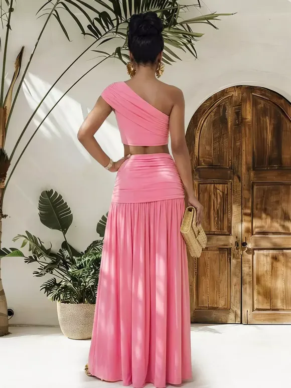 One Shoulder Crop Top Metal Buckle Ruched Maxi Skirt 2 Piece Set