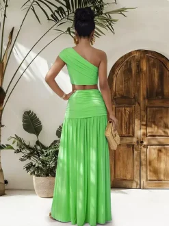 One Shoulder Crop Top Metal Buckle Ruched Maxi Skirt 2 Piece Set