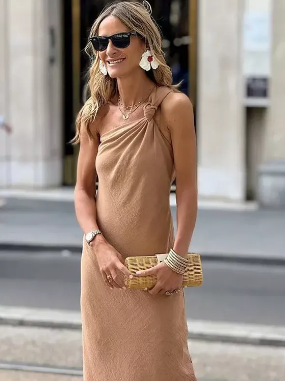 One Shoulder Maxi Dress for Women - Boho Knot Neck Sleeveless Loose Fit Column Sundress - Summer Resort Holiday 2026
