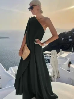 One Shoulder Maxi Dress for Women - Minimalist Cape Sleeve Drape Gown - Summer Beach Wedding Guest 2026