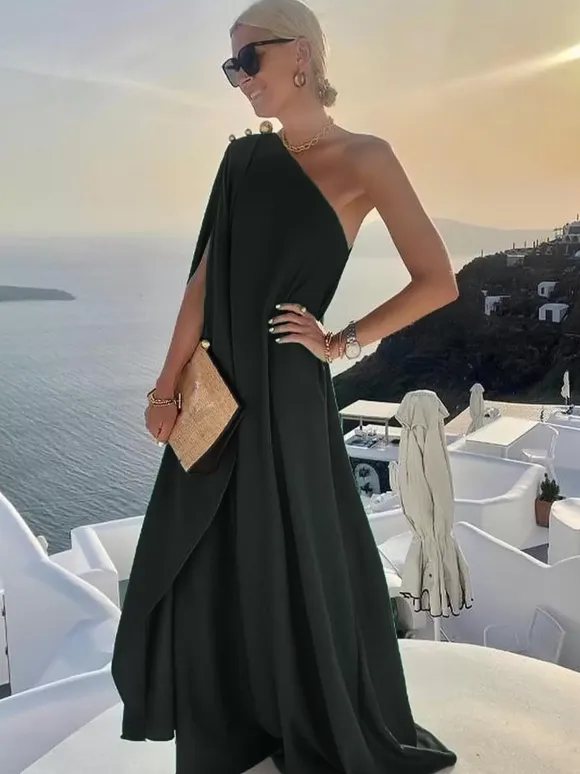One Shoulder Maxi Dress for Women - Minimalist Cape Sleeve Drape Gown - Summer Beach Wedding Guest 2026