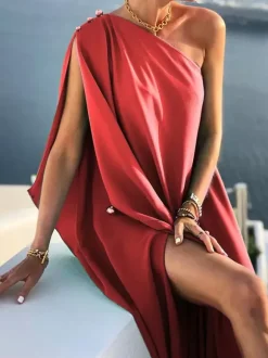 One Shoulder Maxi Dress for Women - Minimalist Cape Sleeve Drape Gown - Summer Beach Wedding Guest 2026