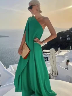 One Shoulder Maxi Dress for Women - Minimalist Cape Sleeve Drape Gown - Summer Beach Wedding Guest 2026