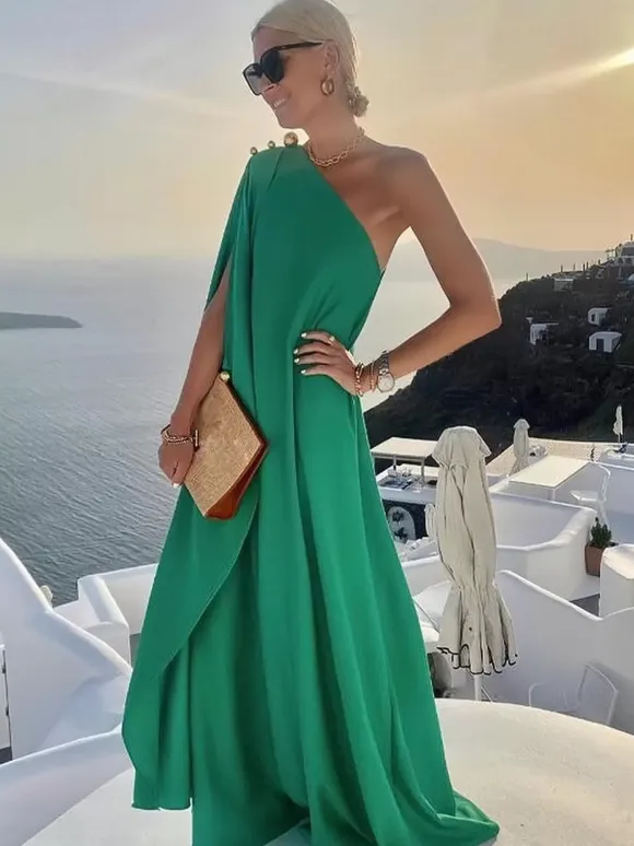 One Shoulder Maxi Dress for Women - Minimalist Cape Sleeve Drape Gown - Summer Beach Wedding Guest 2026