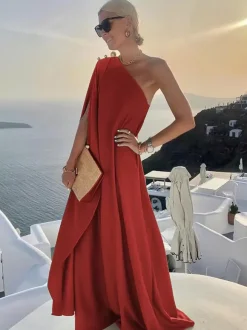 One Shoulder Maxi Dress for Women - Minimalist Cape Sleeve Drape Gown - Summer Beach Wedding Guest 2026