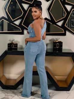One Shoulder Washed Denim Jumpsuit For Women - Light Blue Y2K Sexy Flared Slim Romper - Summer Night Out Clubwear 2026