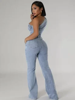 One Shoulder Washed Denim Jumpsuit For Women - Light Blue Y2K Sexy Flared Slim Romper - Summer Night Out Clubwear 2026