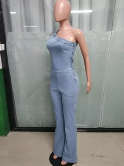 One Shoulder Washed Denim Jumpsuit For Women - Light Blue Y2K Sexy Flared Slim Romper - Summer Night Out Clubwear 2026