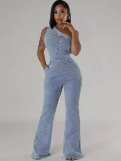 One Shoulder Washed Denim Jumpsuit For Women - Light Blue Y2K Sexy Flared Slim Romper - Summer Night Out Clubwear 2026