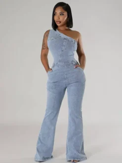 One Shoulder Washed Denim Jumpsuit For Women - Light Blue Y2K Sexy Flared Slim Romper - Summer Night Out Clubwear 2026