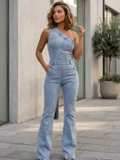 One Shoulder Washed Denim Jumpsuit For Women - Light Blue Y2K Sexy Flared Slim Romper - Summer Night Out Clubwear 2026