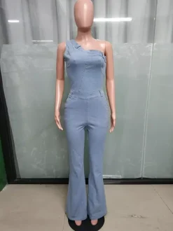 One Shoulder Washed Denim Jumpsuit For Women - Light Blue Y2K Sexy Flared Slim Romper - Summer Night Out Clubwear 2026