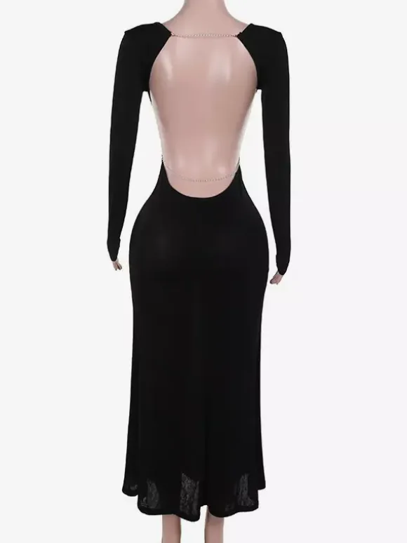 Open Back Maxi Party Dress Long Sleeve Crew Neck Long Dress For Women 2026